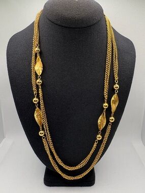 Vintage Twisted Beaded Station Necklace 48” Goldtone Unique 3d Design Layer